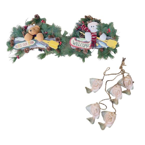 Winter Christmas Decor Fishing Cabin Bundle 2 wreaths &‎ 1 Fish Windchime - Picture 1 of 7